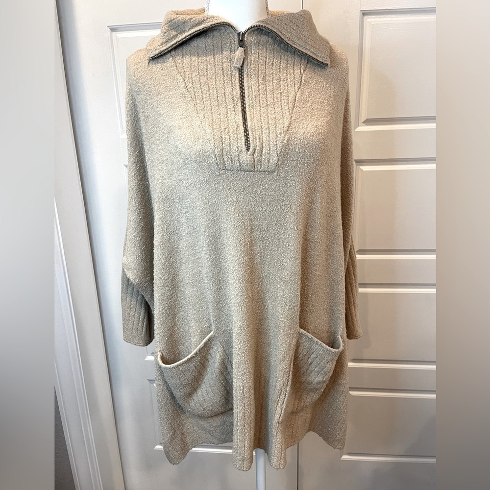Barefoot Dreams Cozy Chic Lite 1/2 Zip Poncho Beige Size L/XL - Picture 2 of 15